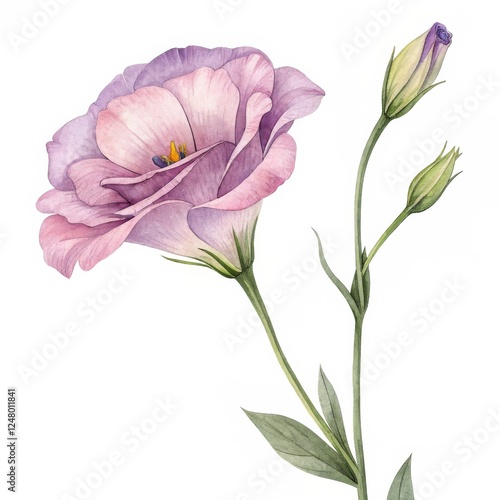 Watercolor Lisianthus Botanical Illustration Pink Flower with Buds, Floral Art, Watercolor Painting Lisianthus, Botanical Illustration
