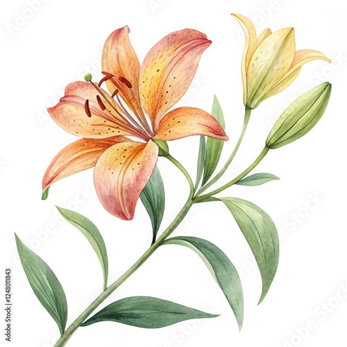 Watercolor Lily Flower Botanical Illustration Peach and Yellow, Floral Design, Painting, Lily, Botanical Lily, Watercolor