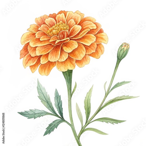 Watercolor Marigold Botanical Illustration Orange Flower, Detailed Stem, Bud, Tagetes, Floral Art Tagetes, Botanical Illustration