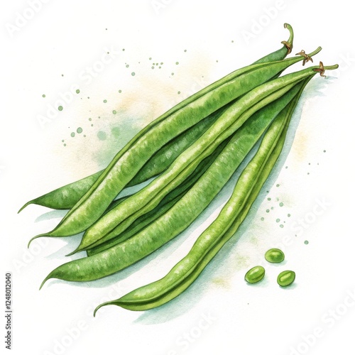 Watercolor Painting of Green Beans Composition of Five Beans, Botanical Illustration, Fresh Produce, Vegetables. Green bean, watercolor