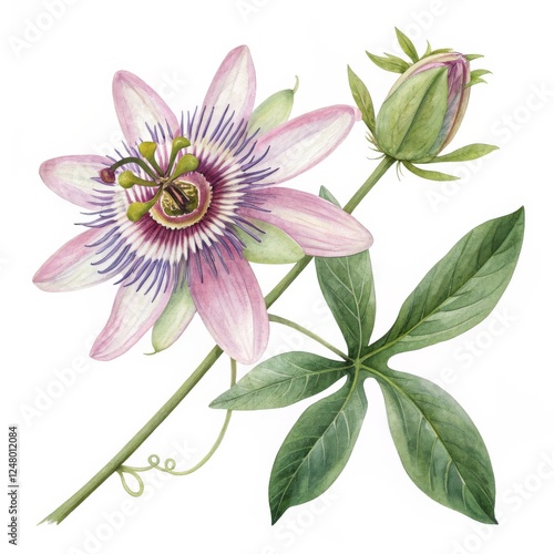Watercolor Passion Flower Botanical Illustration Detailed Close-up of Bloom and Bud, Passionflower, Botanical Art Passionflower, Watercolor Painting