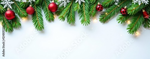 Decorated evergreen branches scattered on white surface, holiday, snowflake, winter
