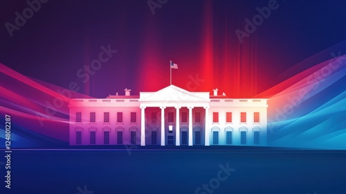 smooth gradient background transitioning from blue to red, with a subtle white silhouette of the White House in the center, creating a symbolic and modern President’s Day design