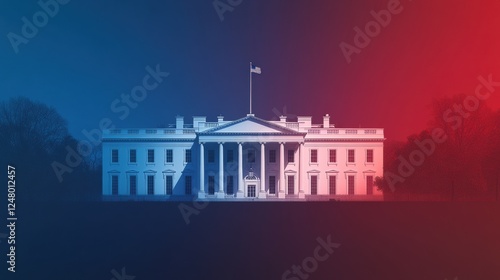 smooth gradient background transitioning from blue to red, with a subtle white silhouette of the White House in the center, creating a symbolic and modern President’s Day design