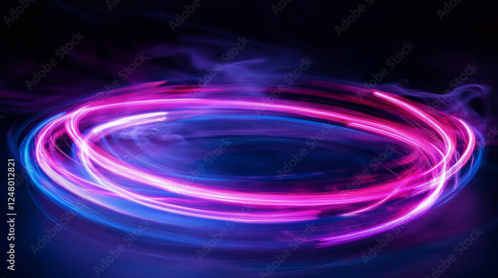 Naklejka premium Fast light motion speed effect. Vector realistic illustration of abstract neon pink, purple rays, circular centric motion on black background, space travel route perspective, explosion energy warp