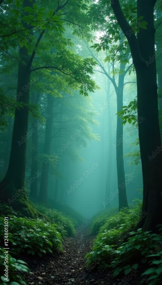 Fototapeta premium Dark forest with misty foggy atmosphere dense foliage green leaves, canopy, foliage, wilderness