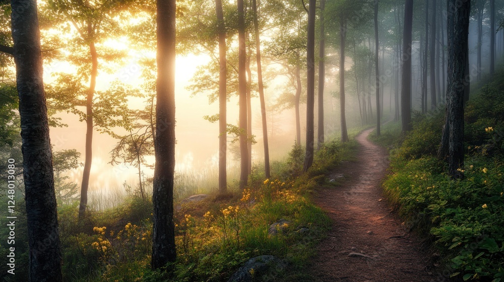 Obraz premium Misty sunrise forest path.