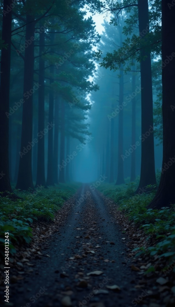 Obraz premium Dark forest path with a faint blue gradient blur effect, blur, eerie, path