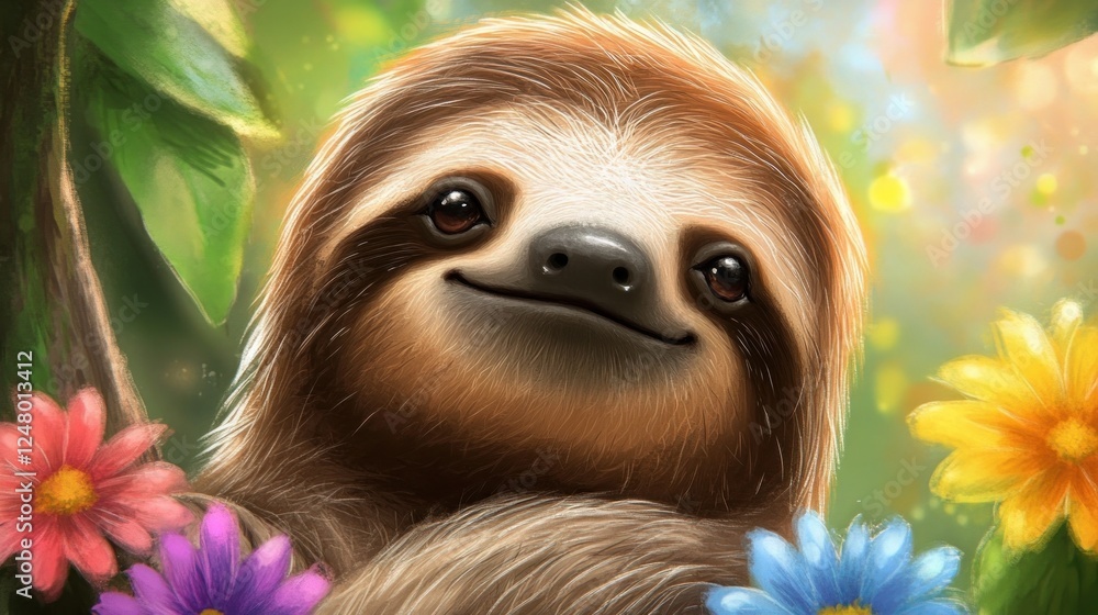 Fototapeta premium Adorable Sloth Amidst Vibrant Blossoms