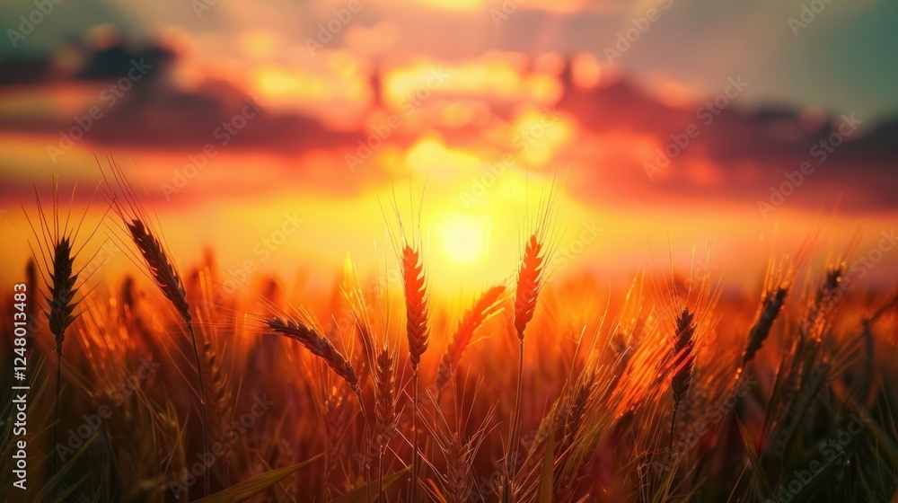A field of golden wheat with a bright orange sun in the sky A field of golden wheat with a bright orange sun in the sky