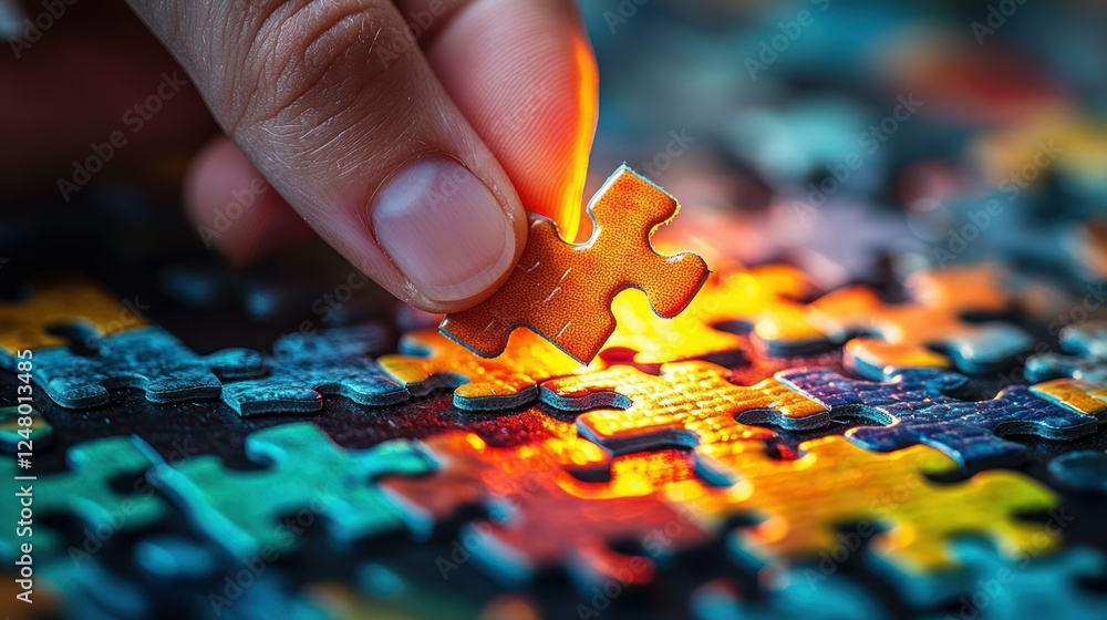Hand placing puzzle piece, problem solving, close-up, glowing, teamwork Hand placing puzzle piece, problem solving, close-up, glowing, teamwork