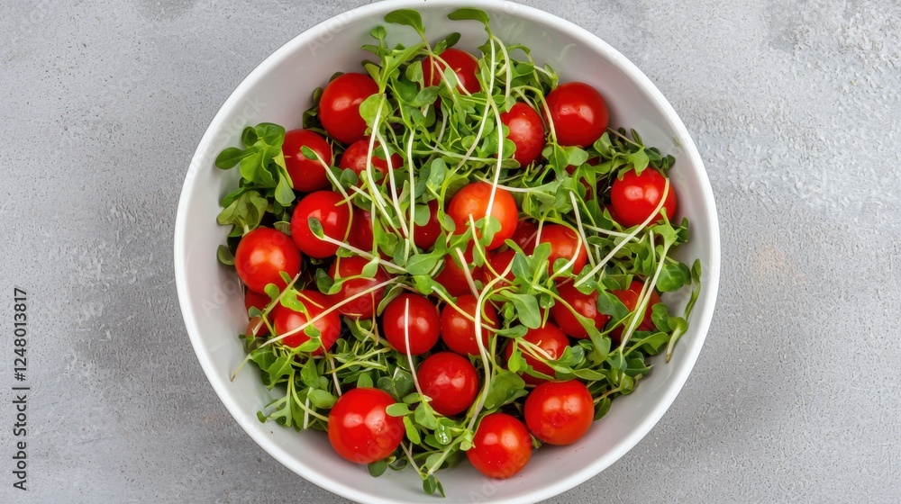 Fresh Cherry Tomatoes with Green Microgreens in a White Bowl on a Light Gray Background Fresh Cherry Tomatoes with Green Microgreens in a White Bowl on a Light Gray Background