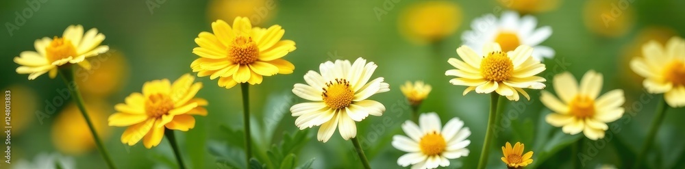 Obraz premium Dainty white and yellow striped marigold blooms, small, pastel, garden