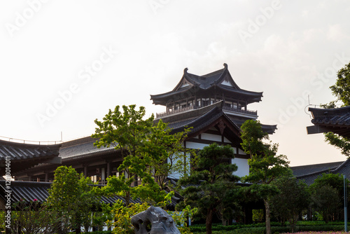 close-up of chinese pavilion in the garden