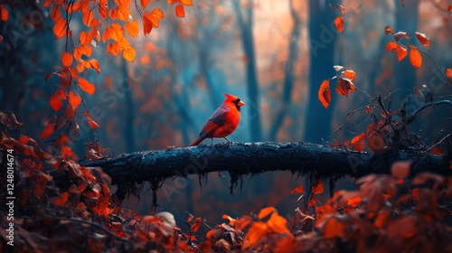 Vibrant red cardinal perched on a branch amidst autumn leaves in a mystical forest.