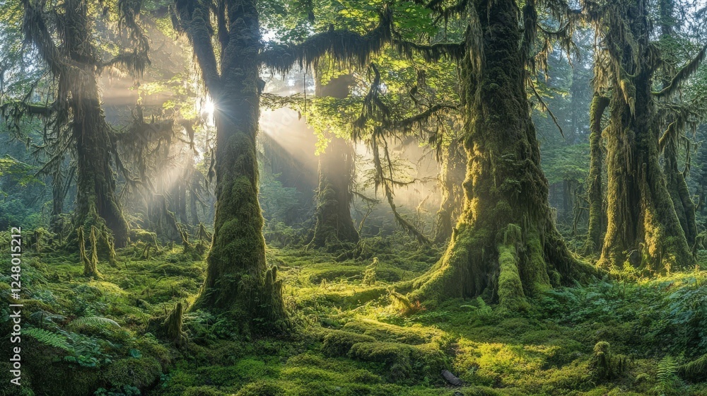 Fototapeta premium Sunlit Mossy Forest: Sunbeams pierce the dense canopy of an ancient forest, illuminating the mossy, verdant undergrowth and creating an ethereal, mystical atmosphere.