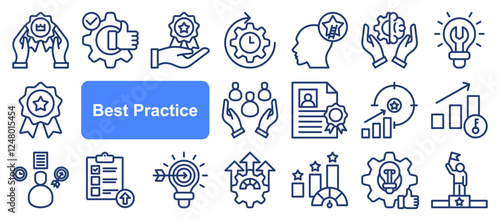 Best Practice icon. Standards Compliance, Excellence Model, Benchmarking Process, Optimal Performance, Quality Assurance, Effective Strategies and Proven Methodsm icon web banner