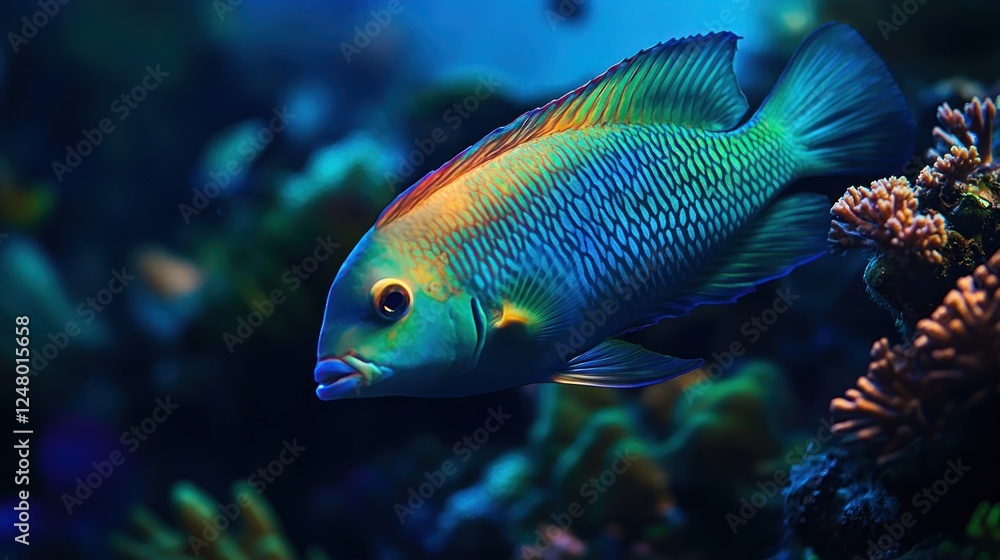 Vibrant blue and green fish swimming amidst coral reef.