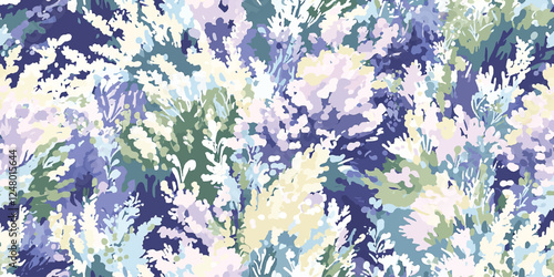 Seamless vector repeating pattern in a Provence style with lavender flowers fields, gouache painting, brush strokes, Design fabric, cover, banner, invitation.