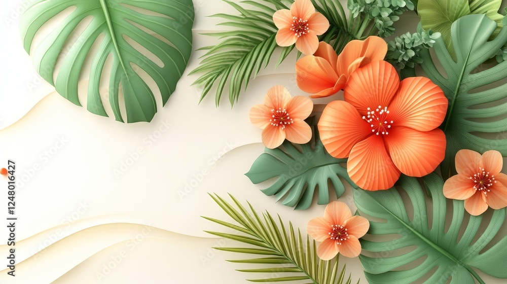 Naklejka premium Tropical Hibiscus Flowers and Monstera Leaves Summer Floral Design Botanical Illustration