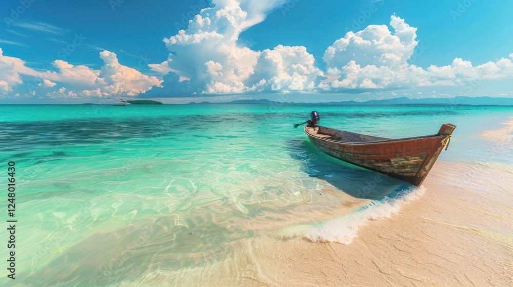Naklejka premium A boat is sitting on the beach next to the ocean. The sky is cloudy and the water is blue