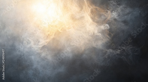 abstract soft gray background with gentle smoke-like textures, giving a spiritual and meditative feeling, with a subtle warm light shining from the top corner