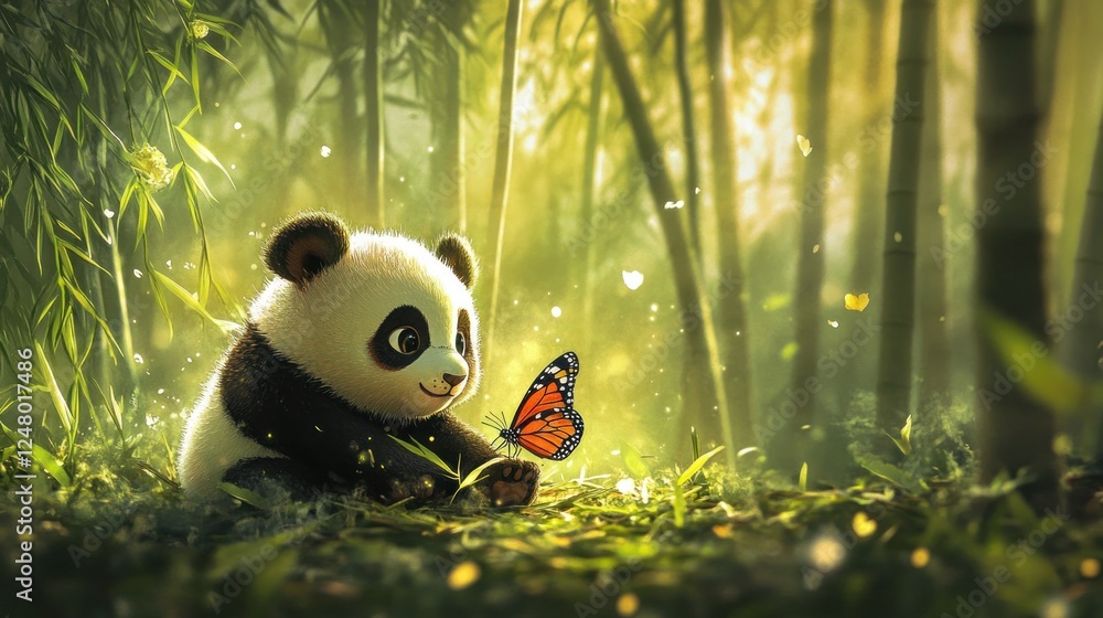 Adorable Panda Cub Encounters Butterfly in Bamboo Forest Adorable Panda Cub Encounters Butterfly in Bamboo Forest