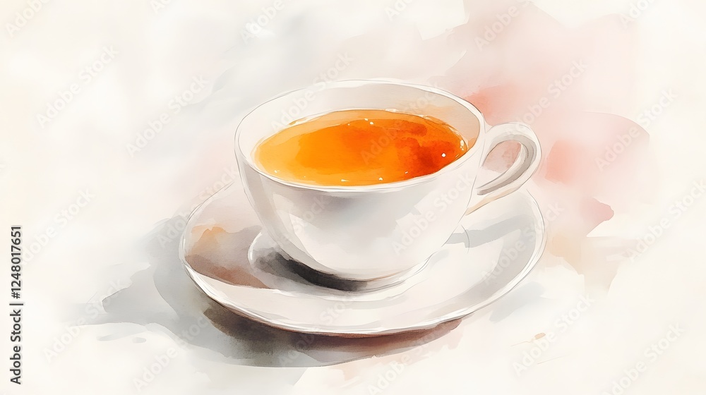 Artistic watercolor painting of a cup of tea and saucer Artistic watercolor painting of a cup of tea and saucer