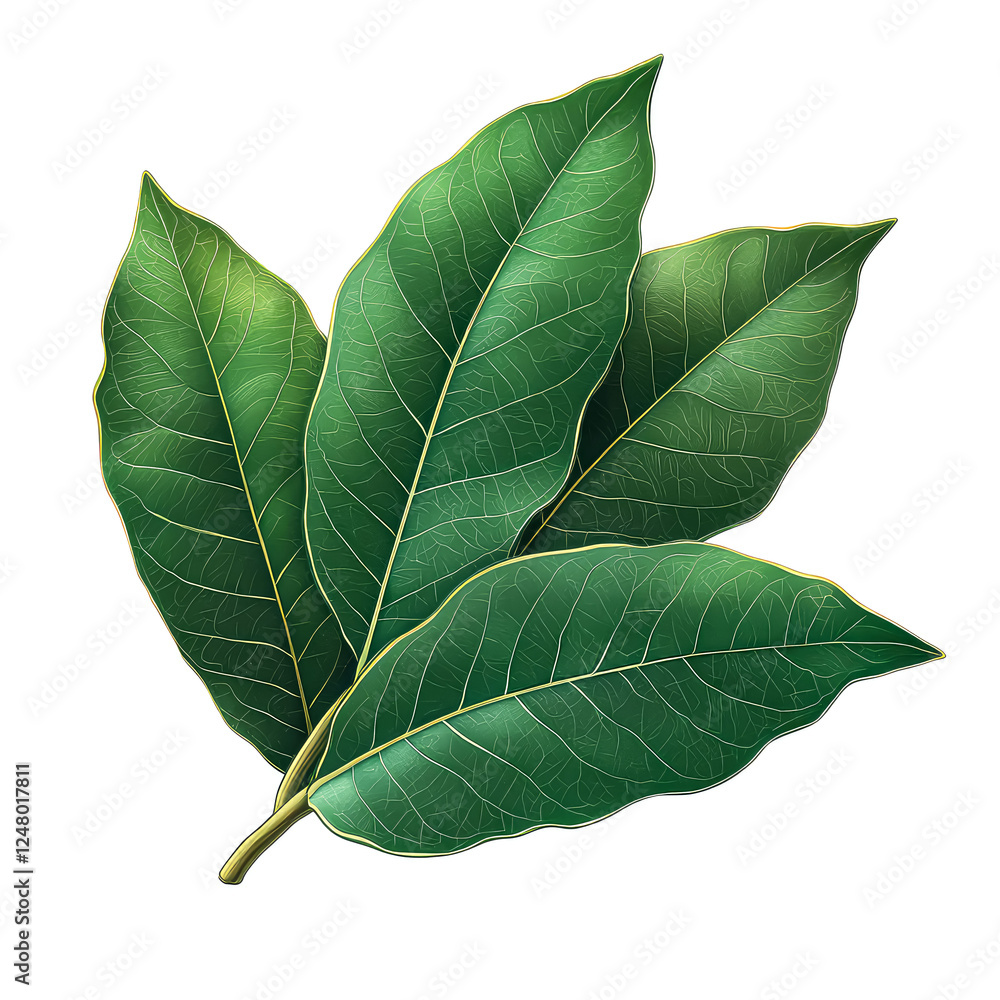 Close-up of Three Lush Green Bay Leaves, Detailed Botanical Illustration, Vibrant Colors, Isolated on White Background Close-up of Three Lush Green Bay Leaves, Detailed Botanical Illustration, Vibrant Colors, Isolated on White Background