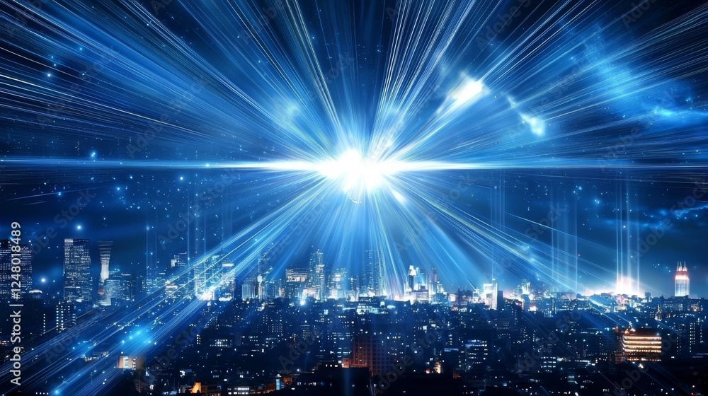 Obraz premium An otherworldly urban landscape featuring a skyline enhanced with digital effects.