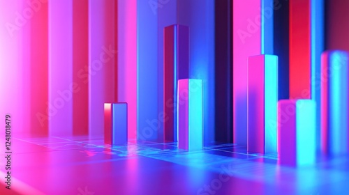 Abstract 3D neon bars chart, glowing in vibrant pink and blue light, reflecting on a glossy surface.