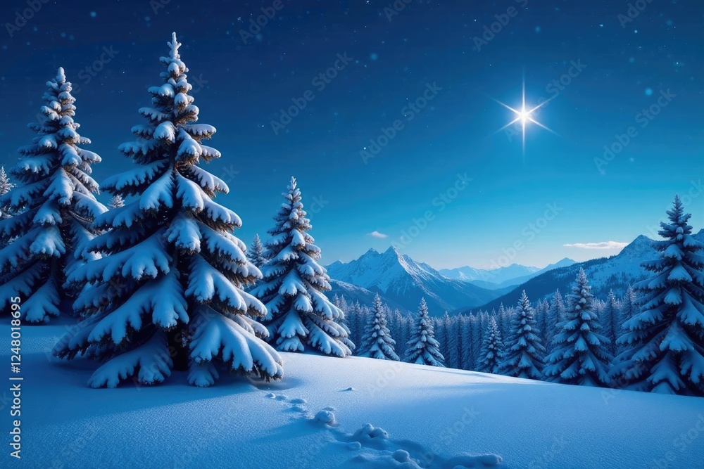 Fototapeta premium Snow-covered pine trees with a star shining in the night sky, frost, landscape