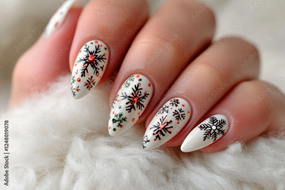 A woman's hand with a beautiful white manicure featuring snowflakes A woman's hand with a beautiful white manicure featuring snowflakes