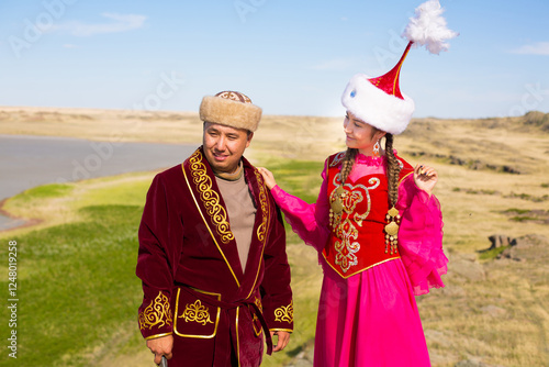 Kazakh woman and man in national costumes
