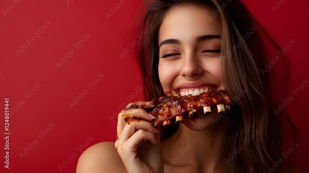 Woman Enjoying Delicious Barbecue Ribs Woman Enjoying Delicious Barbecue Ribs