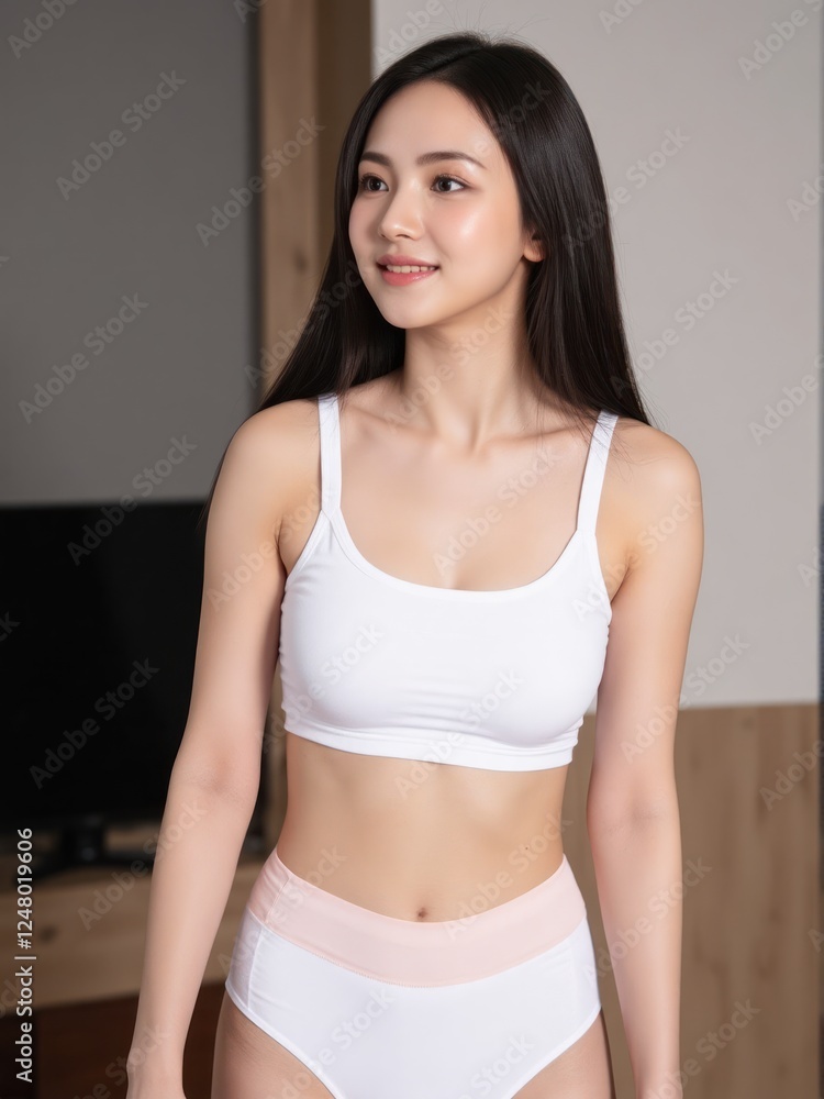 Minimalist and modern beauty portrait of a slim woman in white crop top and panties, standing gracefully against a seamless white backdrop, looking away with a calm and confident smile Minimalist and modern beauty portrait of a slim woman in white crop top and panties, standing gracefully against a seamless white backdrop, looking away with a calm and confident smile