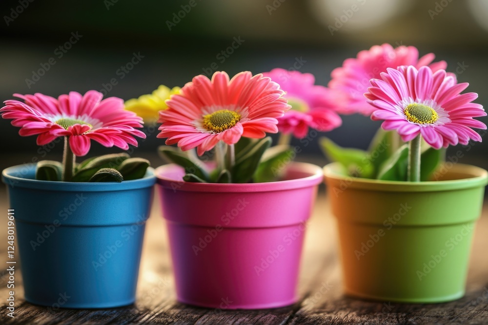 Obraz premium A collection of vibrant flower pots arranged on a table, perfect for decoration or as a gift