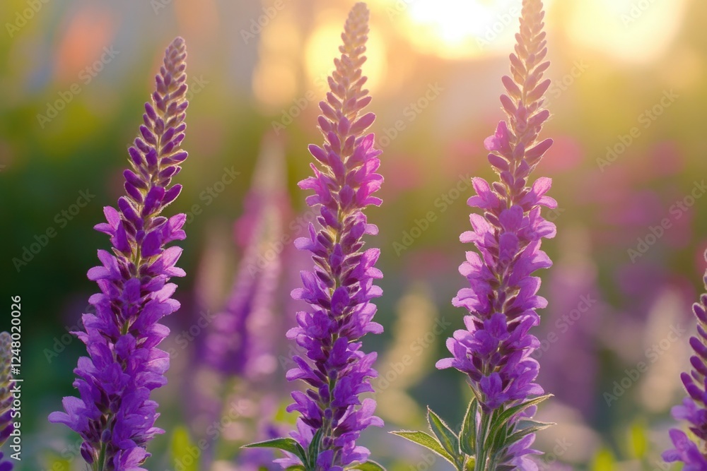Purple flowers in a field at sunset, ideal for use in travel or nature-themed projects Purple flowers in a field at sunset, ideal for use in travel or nature-themed projects