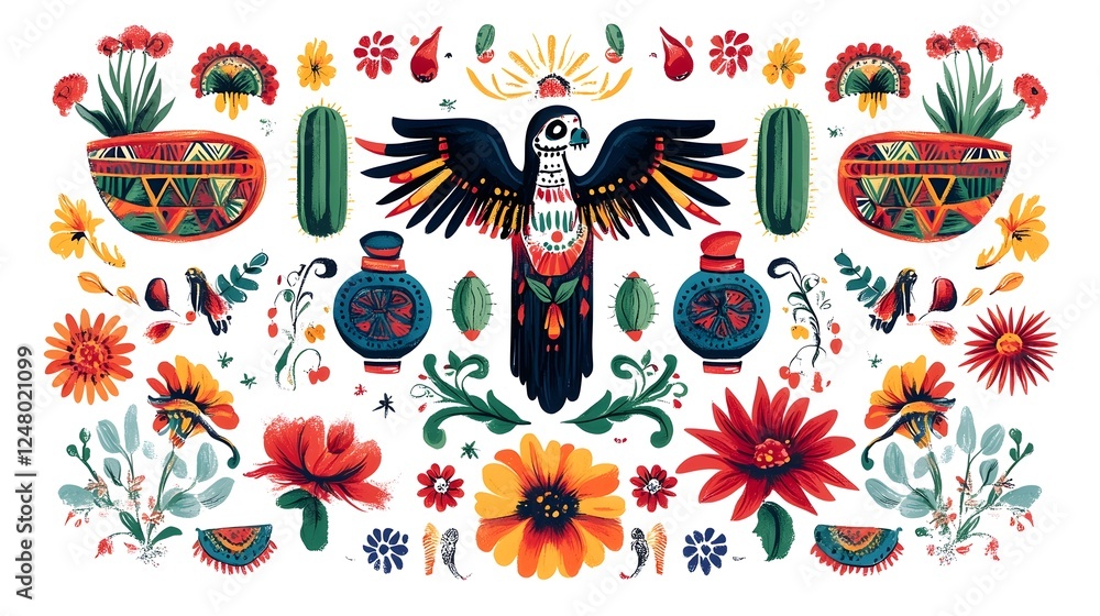 Naklejka premium Vibrant Boho Inspired Floral Pattern with Abstract Ornamental Designs and Nature Themed Elements