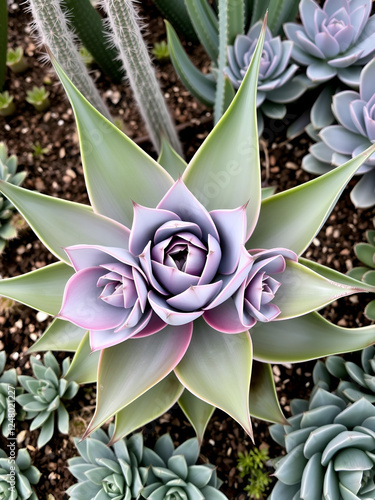 Mature butterfly agave cactus with multiple rosettes growing together, rosette, clump, succulent garden photo