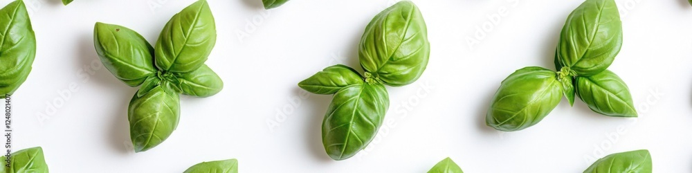 Fototapeta premium Fresh green basil leaves on a white surface, ideal for culinary or wellness use