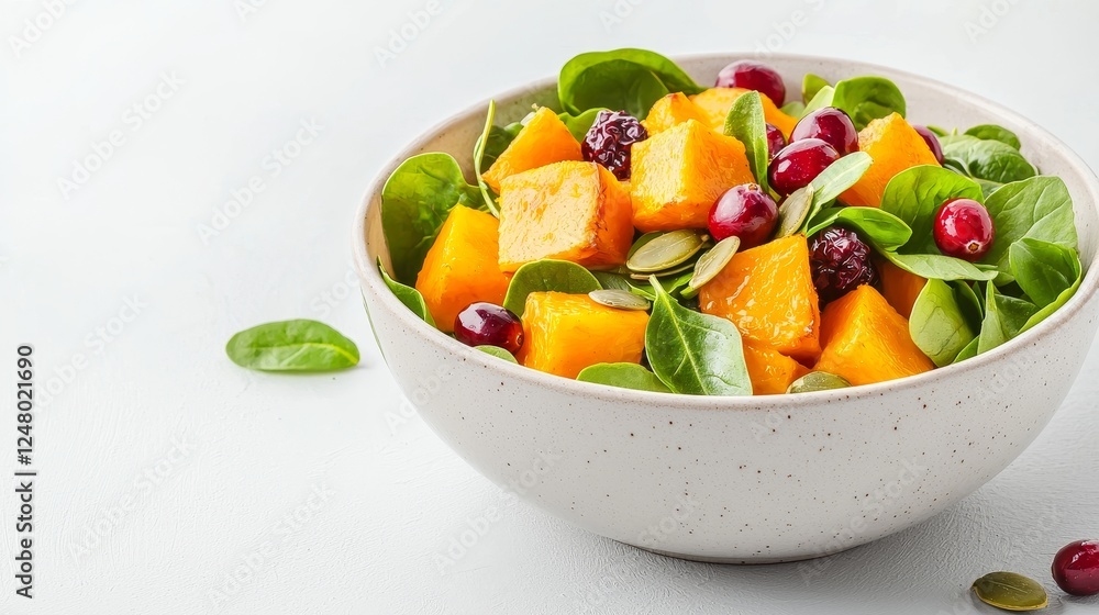 A rustic autumn salad with roasted butternut squash, cranberries, pumpkin seeds, watercolor illustration, vibrant colors, isolated on white background A rustic autumn salad with roasted butternut squash, cranberries, pumpkin seeds, watercolor illustration, vibrant colors, isolated on white background