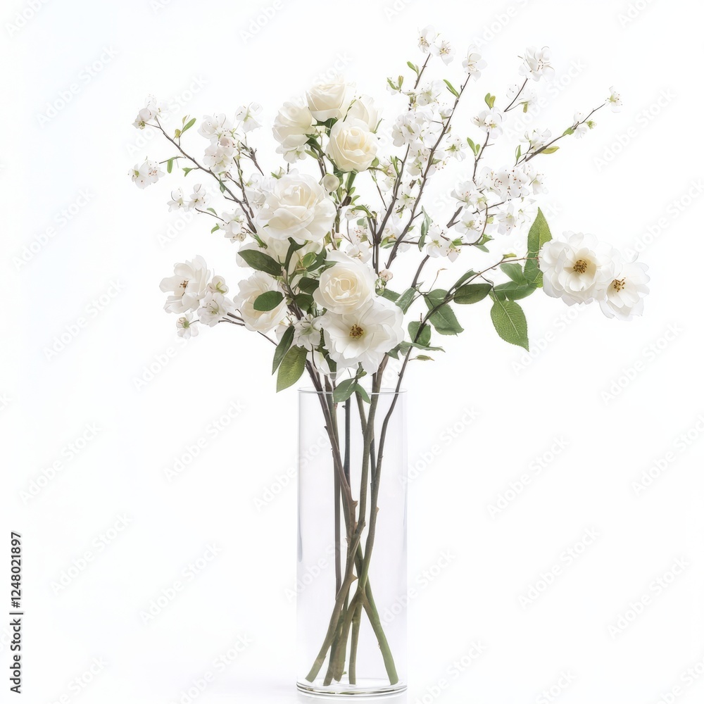A delicate arrangement of cherry blossoms and white roses in a tall vase, on isolated white background A delicate arrangement of cherry blossoms and white roses in a tall vase, on isolated white background
