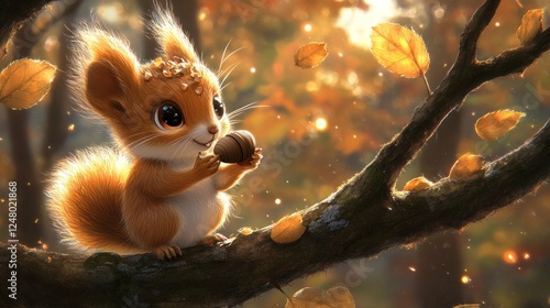 Adorable Autumn Squirrel: A whimsical digital painting of a cute, fluffy squirrel enjoying an acorn amidst falling autumn leaves.