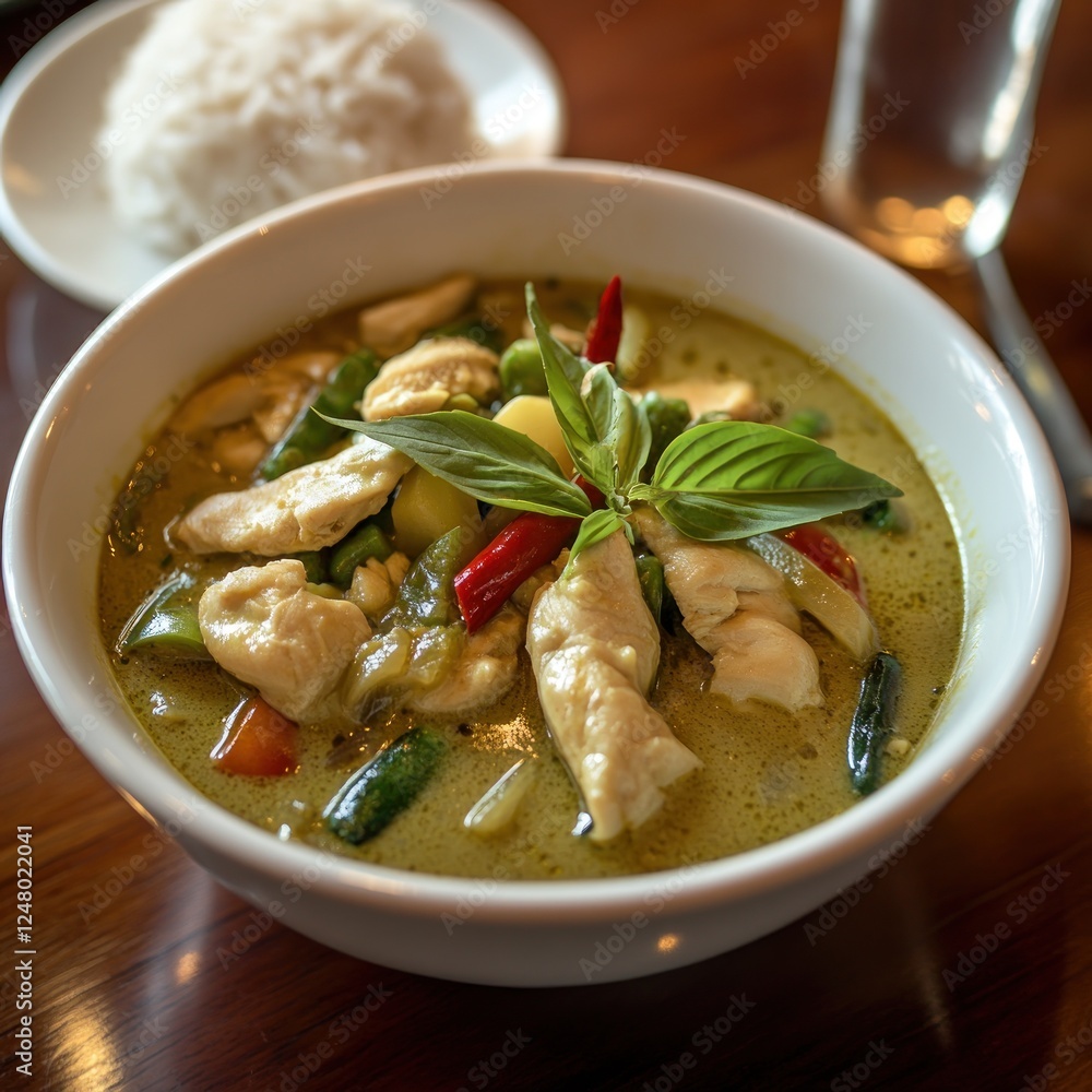 Delicious green chicken curry served with rice in a white bowl. Delicious green chicken curry served with rice in a white bowl.