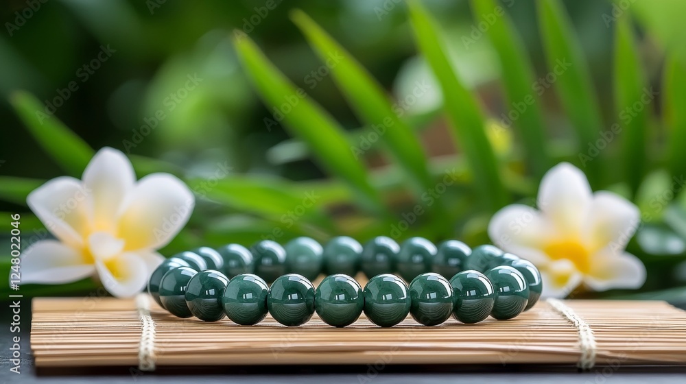 Crafting serenity jade bracelet displayed on bamboo mat surrounded by tropical greenery and blossoming flowers in a tranquil natural setting Crafting serenity jade bracelet displayed on bamboo mat surrounded by tropical greenery and blossoming flowers in a tranquil natural setting