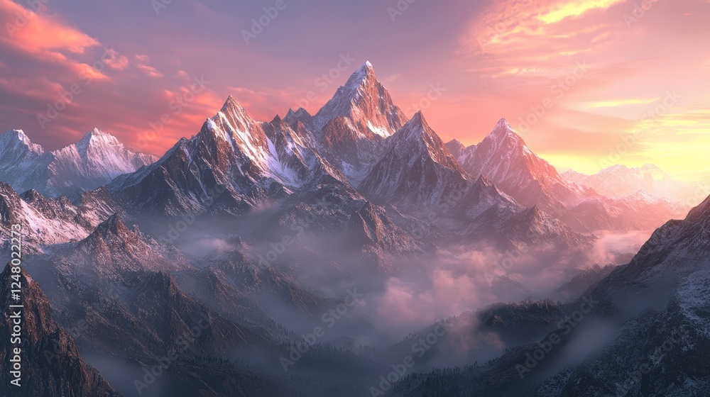 Obraz premium Majestic Mountain Peak at Sunset: A breathtaking panorama of snow-capped mountains bathed in the warm hues of a fiery sunset. The towering peaks pierce the clouds, creating a sense of awe and wonder.