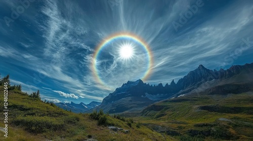 Celestial spectacle, a 22-degree halo graces the mountainous horizon photo