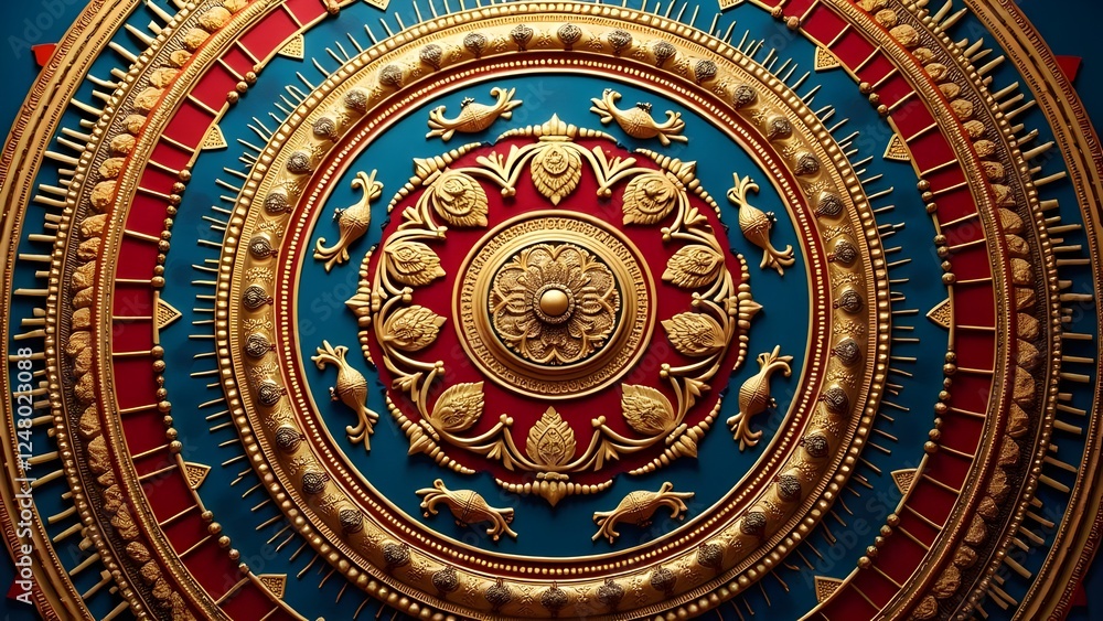 Intricate Temple Ceiling Pattern with Mythological Motifs and Antique Gold Accents Intricate Temple Ceiling Pattern with Mythological Motifs and Antique Gold Accents