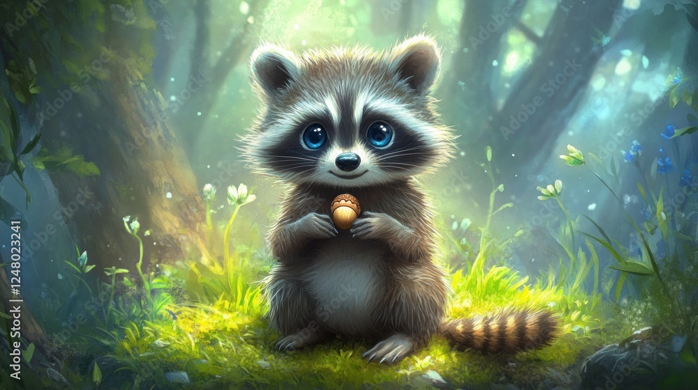Obraz premium Adorable Baby Raccoon in Enchanting Forest